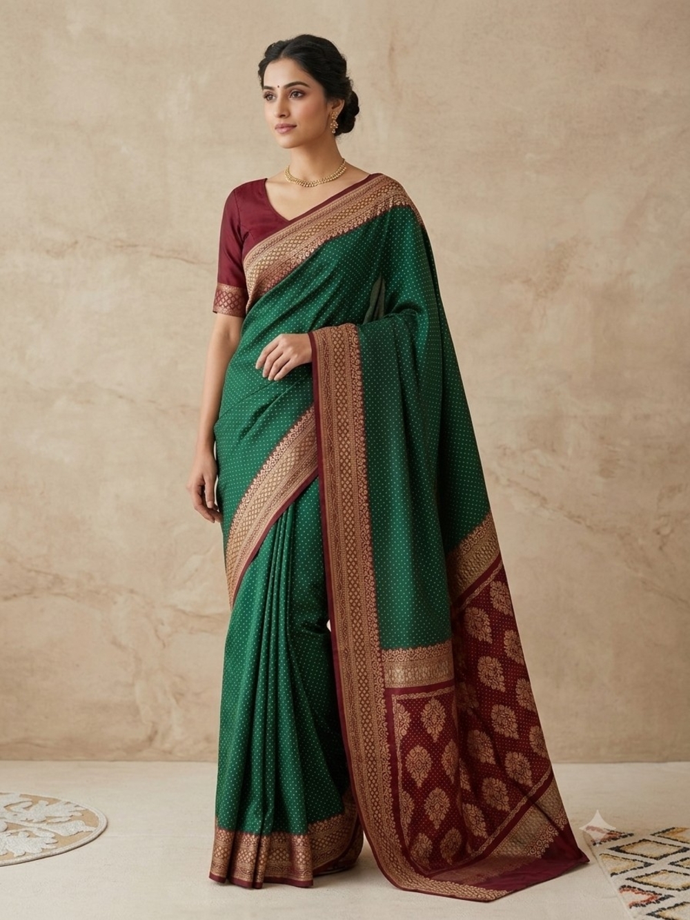 Pure Silk Bottle Green & Wine Banarasi Saree with Zari Butis & Blouse